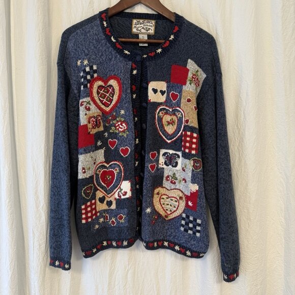 Vintage Heirloom Collectibles Embroidered Hearts Cardigan Sweater Size XL - Picture 1 of 4